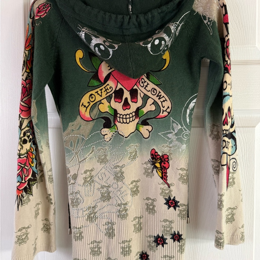 Ed Hardy by Christian Audigier Women's Sweater Butterfly Rhinestone Hood Y2K - Picture 7 of 13